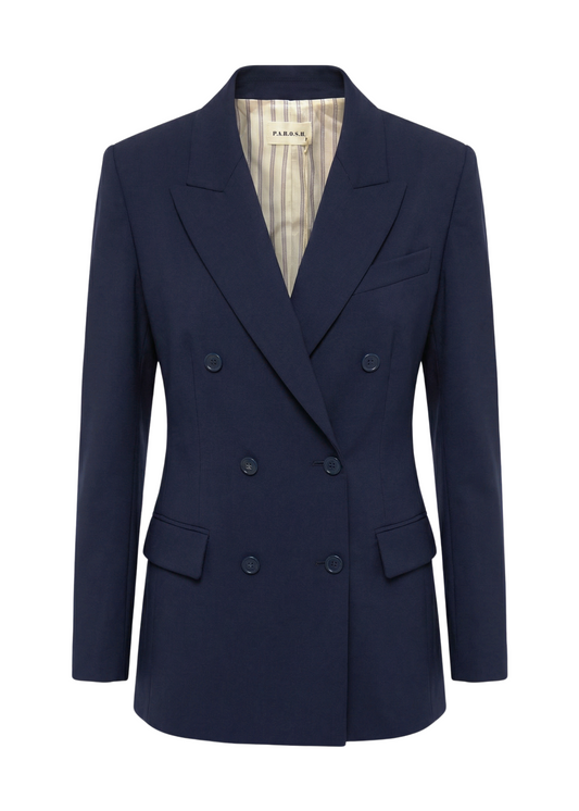 Navy blue blazer with a brand label on a white background