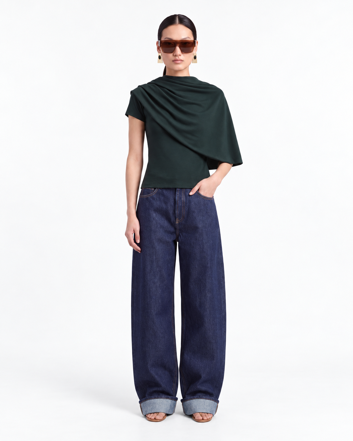 Fitted T-Shirt with Scarf in Dark Green