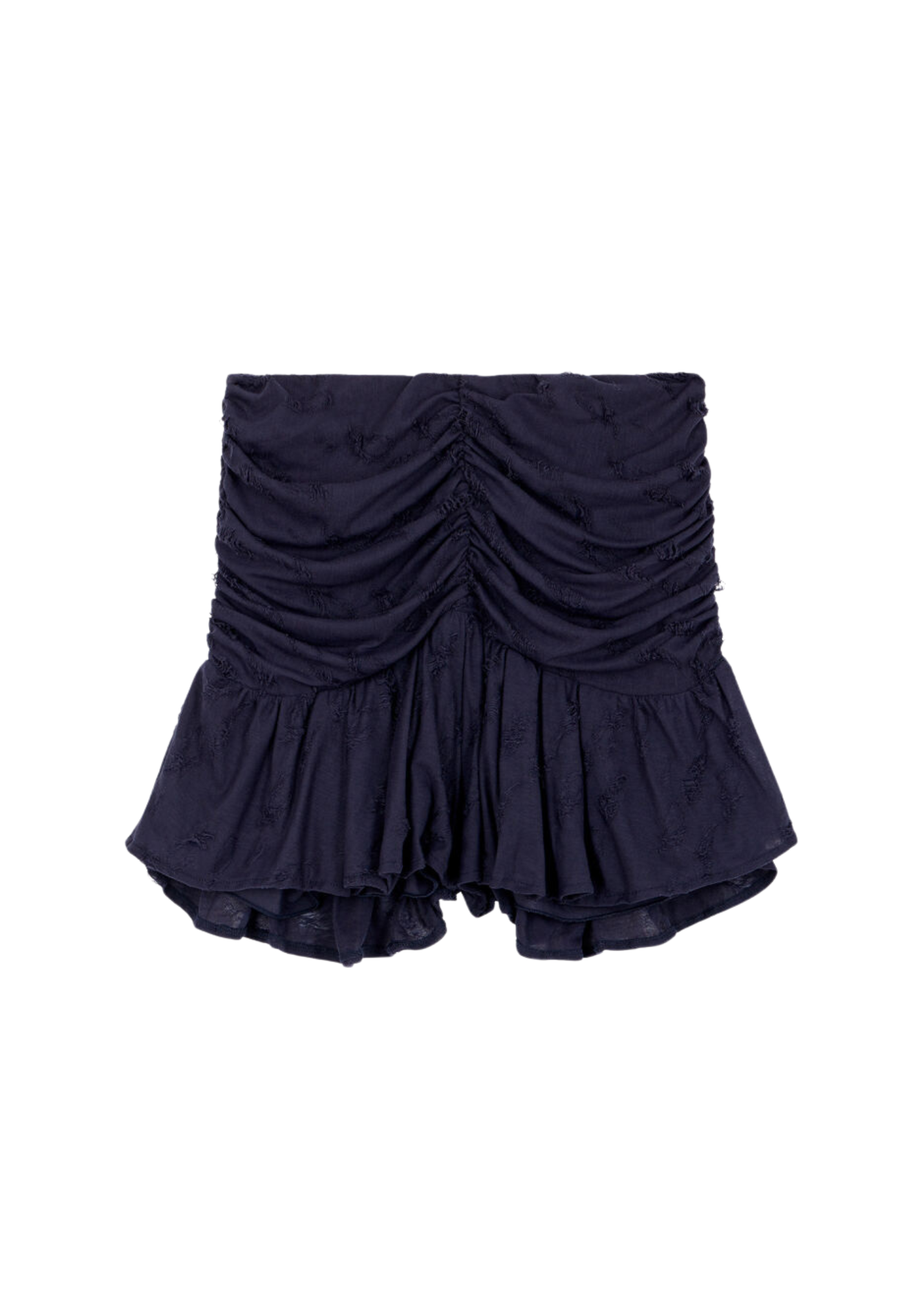Navy blue ruched skirt on a white background