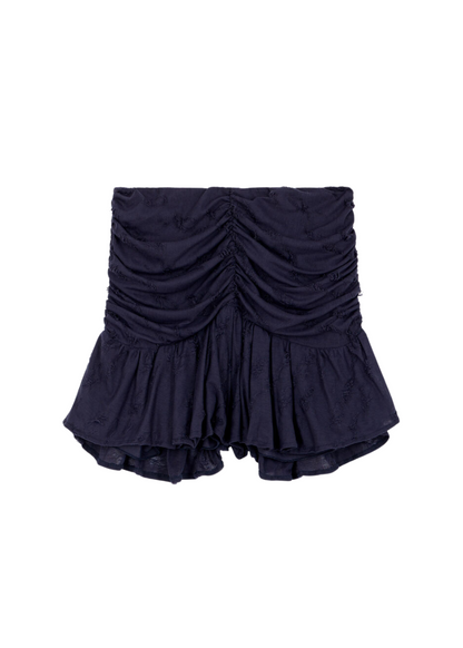Navy blue ruched skirt on a white background
