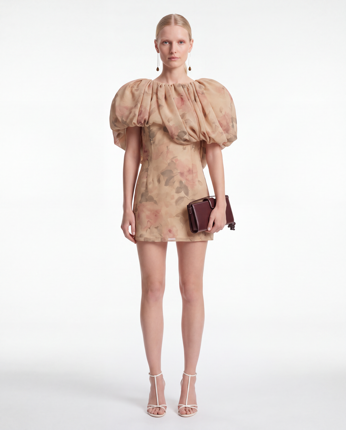 Puff Collar Mini Dress in Beige Floral Print