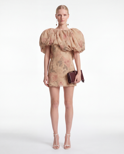 Puff Collar Mini Dress in Beige Floral Print