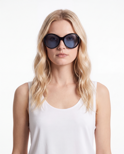 Big Round Sunglasses in Black with Blue Lenses