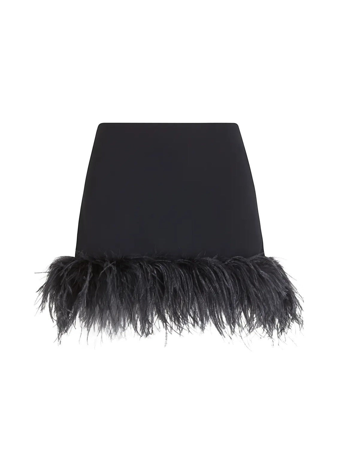 Merdulie black mini skirt with a dramatic feather trim hem, featuring a sleek and fitted silhouette for evening wear.