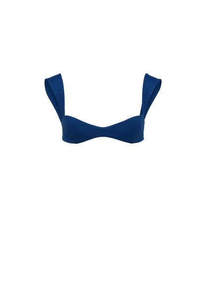 Merdulie blue bustier swim top with structured cups and wide shoulder straps in stretch polyamide fabric.