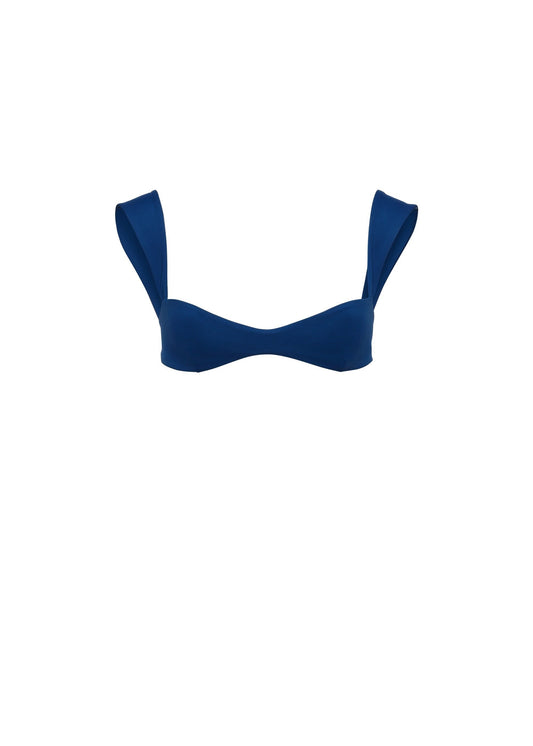 Merdulie blue bustier swim top with structured cups and wide shoulder straps in stretch polyamide fabric.