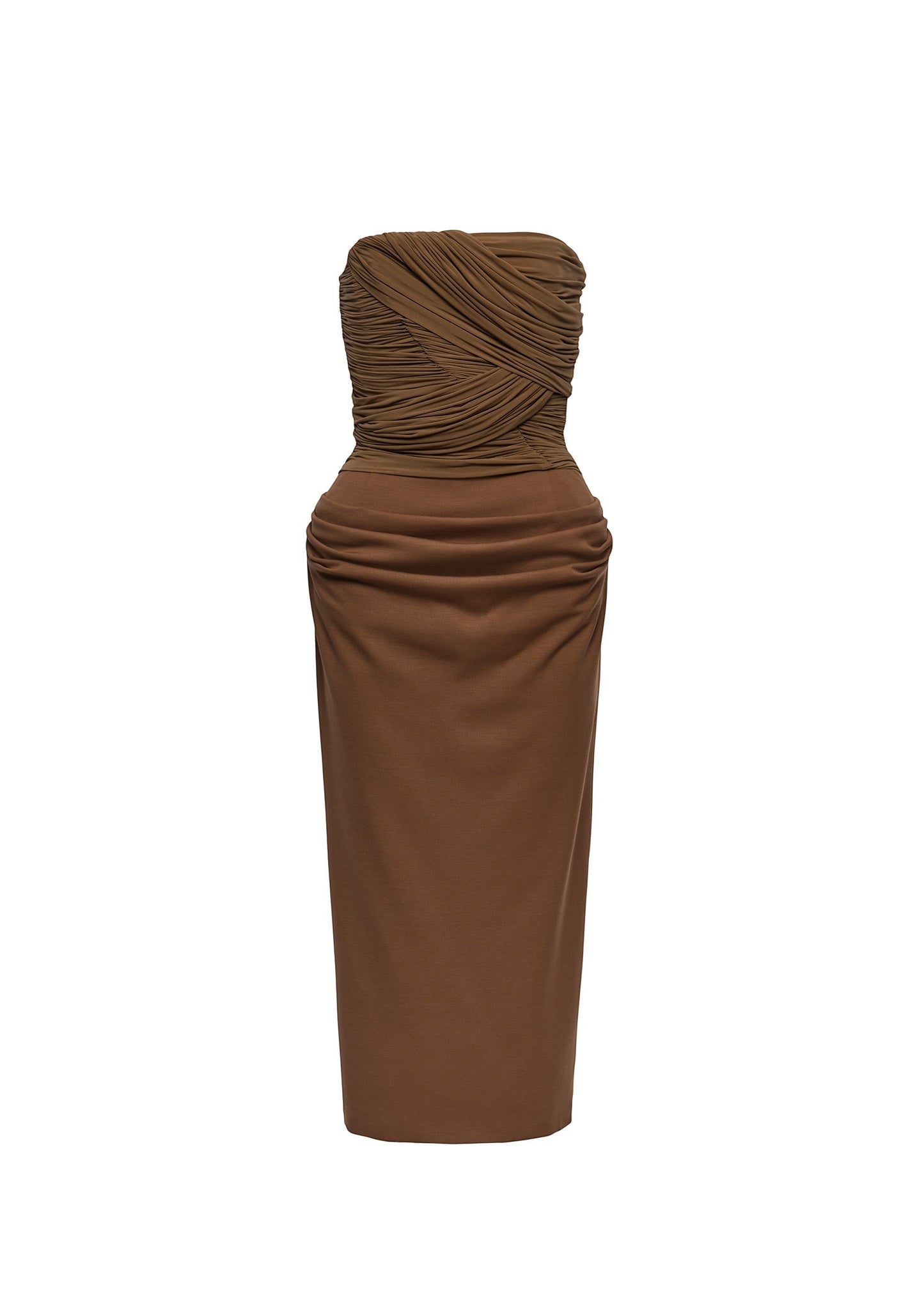 Merdulie strapless brown corset dress featuring a draped cupro bodice and a structured wool blend midi skirt.