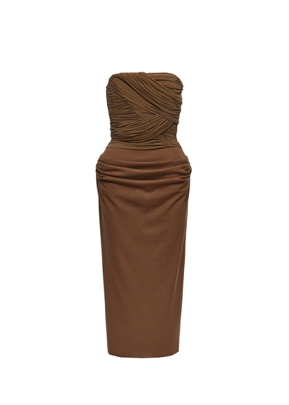 Merdulie strapless brown corset dress featuring a draped cupro bodice and a structured wool blend midi skirt.