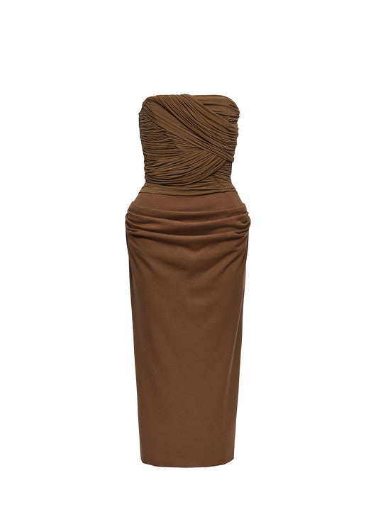 Merdulie strapless brown corset dress featuring a draped cupro bodice and a structured wool blend midi skirt.