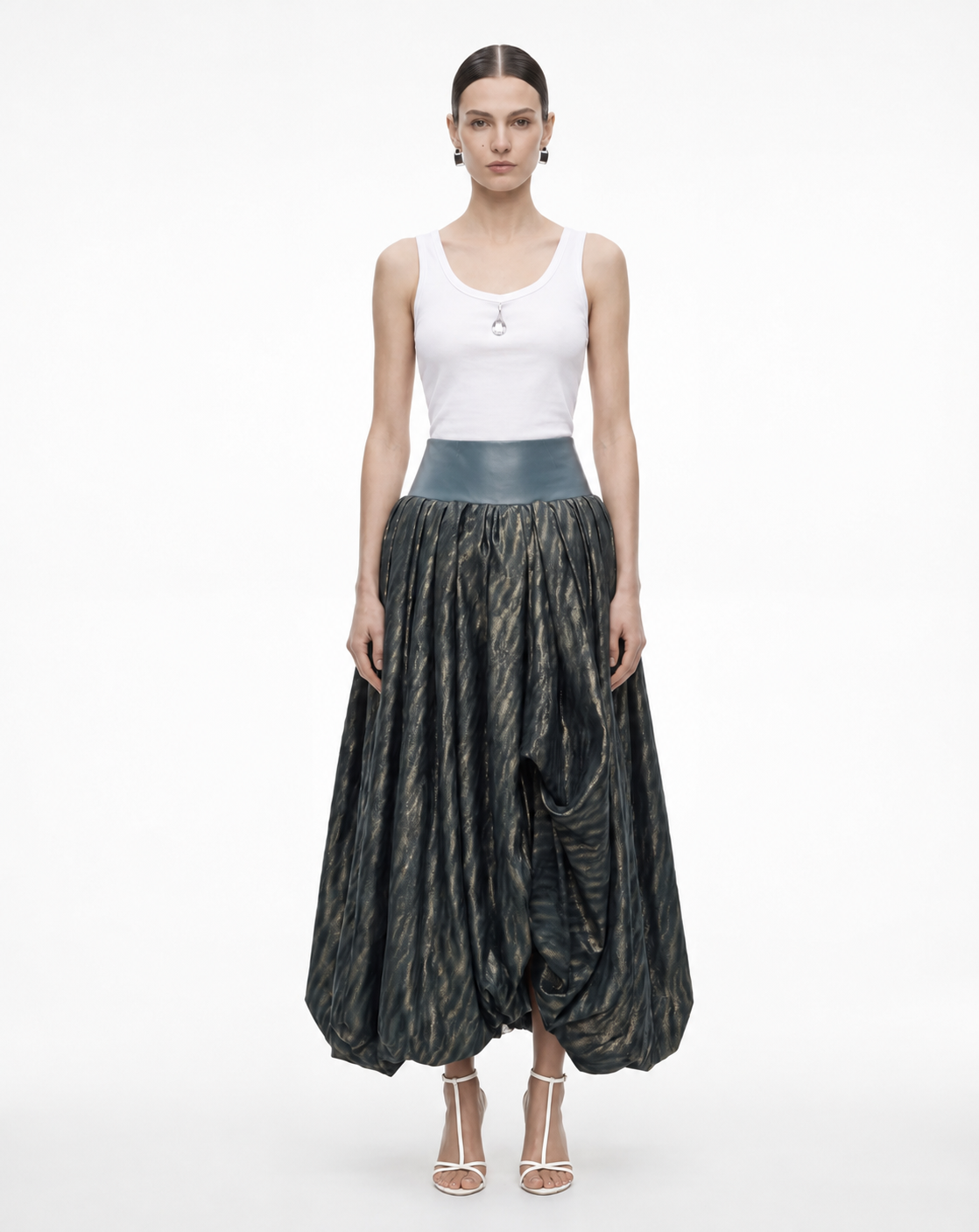 Jacques Wei Textured Leather Paneled Waist-Cinched Voluminous Flared Dress, view 3
