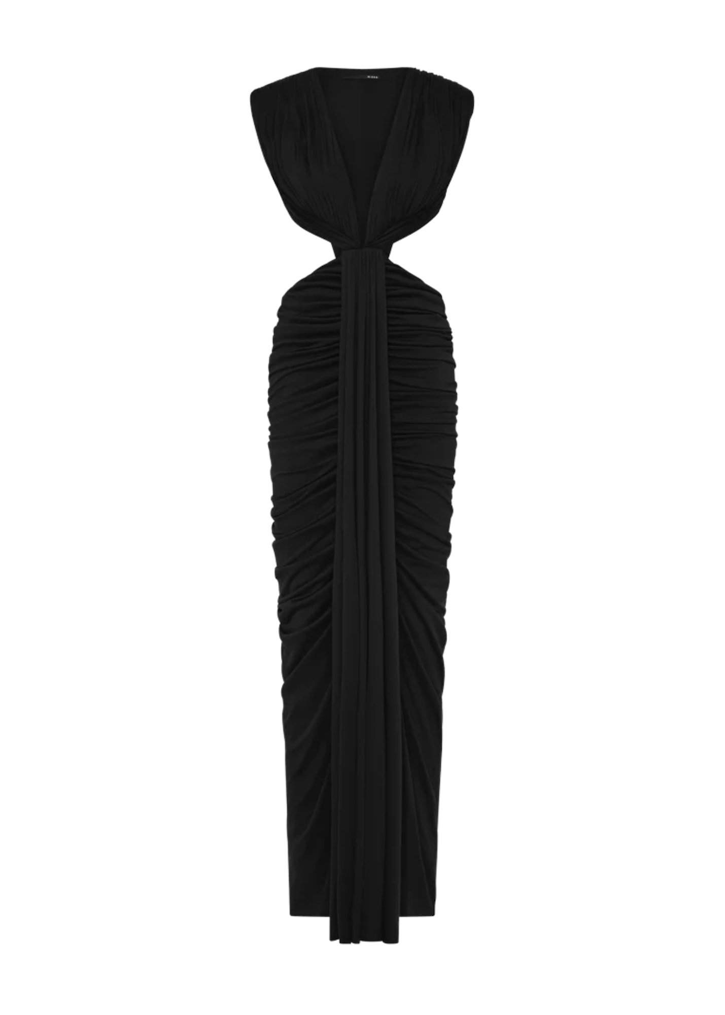 Black dress with ruched details on a white background