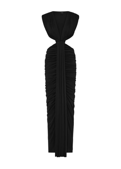 Black dress with ruched details on a white background