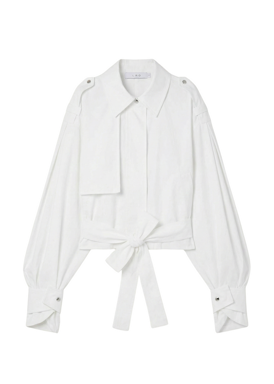 White blouse with a tie detail on a white background